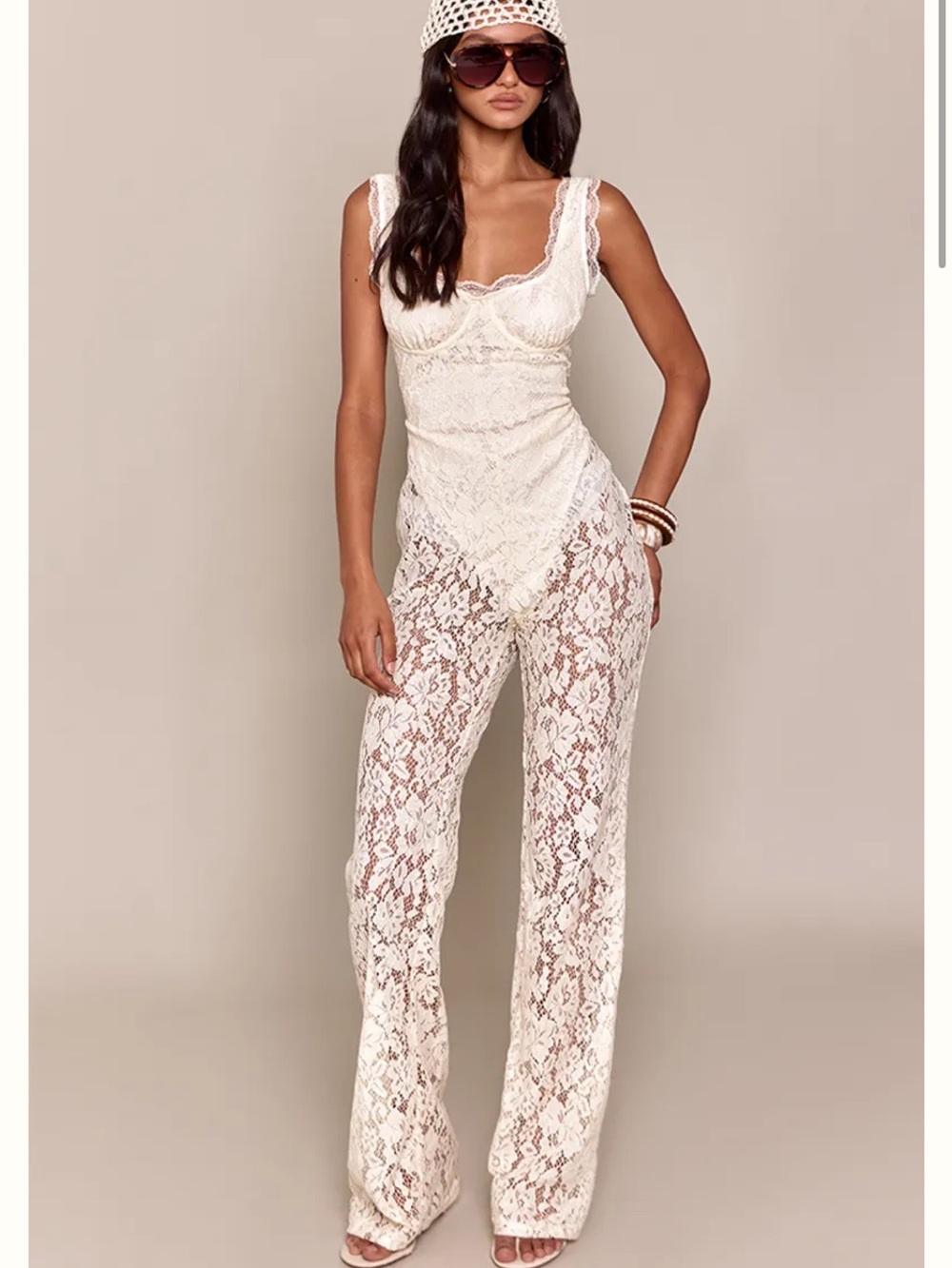 PrettyLittleThing Ivory Lace Bustier Wide Leg Jumpsuit US 2